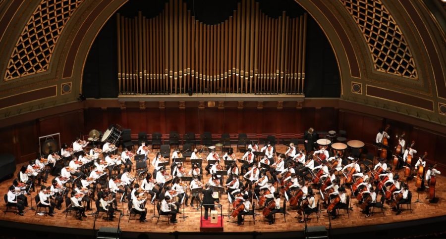 Clague 7th & 8th grade Orchestra performing in AAPS Orchestra Night at the Hill Auditorium  (University of Michigan).