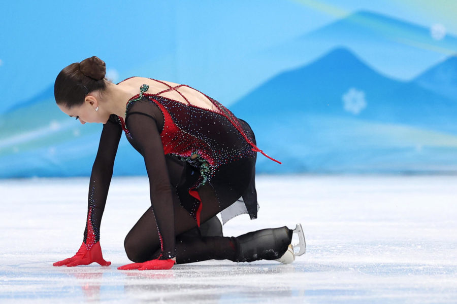 Kamila Valieva of Team ROC falls during the womens free skate during the Beijing 2022 Winter Olympic Games at Capital Indoor Stadium on Feb. 17, 2022, in Beijing. (Matthew Stockman/Getty Images/TNS)