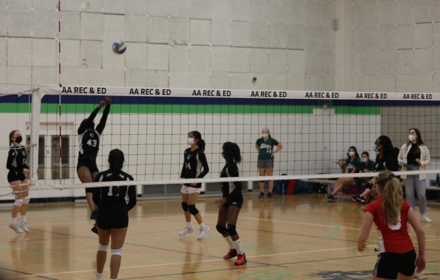 Clague 7th and 8th grade girls volleyball team setting up a play during the match against Forsythe.