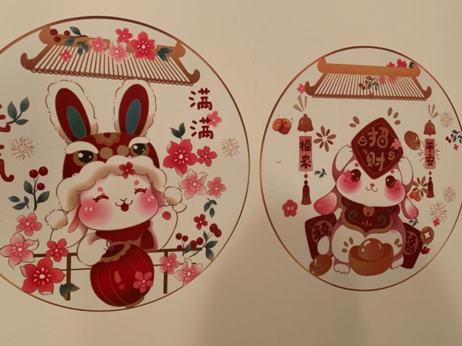 Bunny stickers are placed around the house as decoration for the Year of the Rabbit.