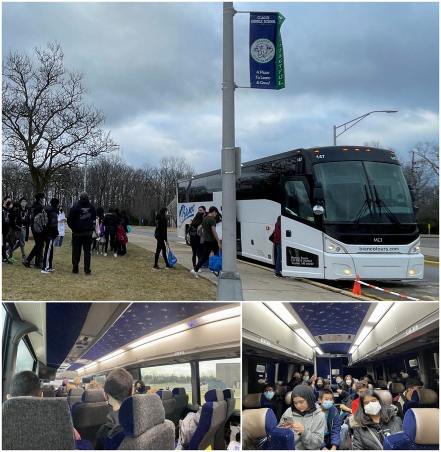 The Clague 8th grade Orchestra boarding the bus and heading to Grand Rapids on Jan. 19, 2023.