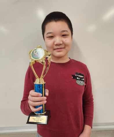 Sixth grader Jason Lu wins the recent GeoBee competition.