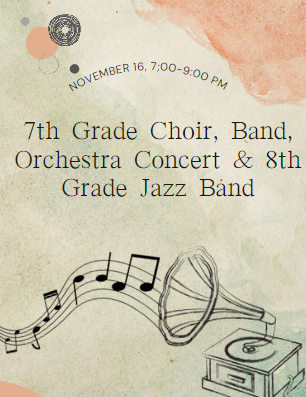 The 7th-grade choir, band, and orchestra and the 8th-grade jazz band perform at the concert!