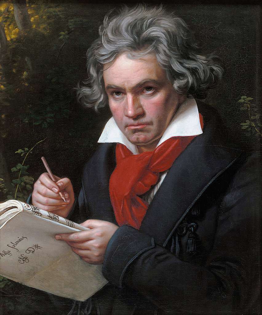 Beethoven was a German composer and pianist. He was born in Bonn, Germany, on Dec. 16, 1770, and passed away on March 26, 1827. He lost his hearing at the age of 44. This image shows him in his late 50s composing music