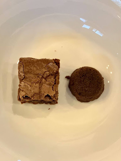  On the left, there is the home-baked brownie, and on the right, there is a “2 bite” brownie bought from Busch’s.