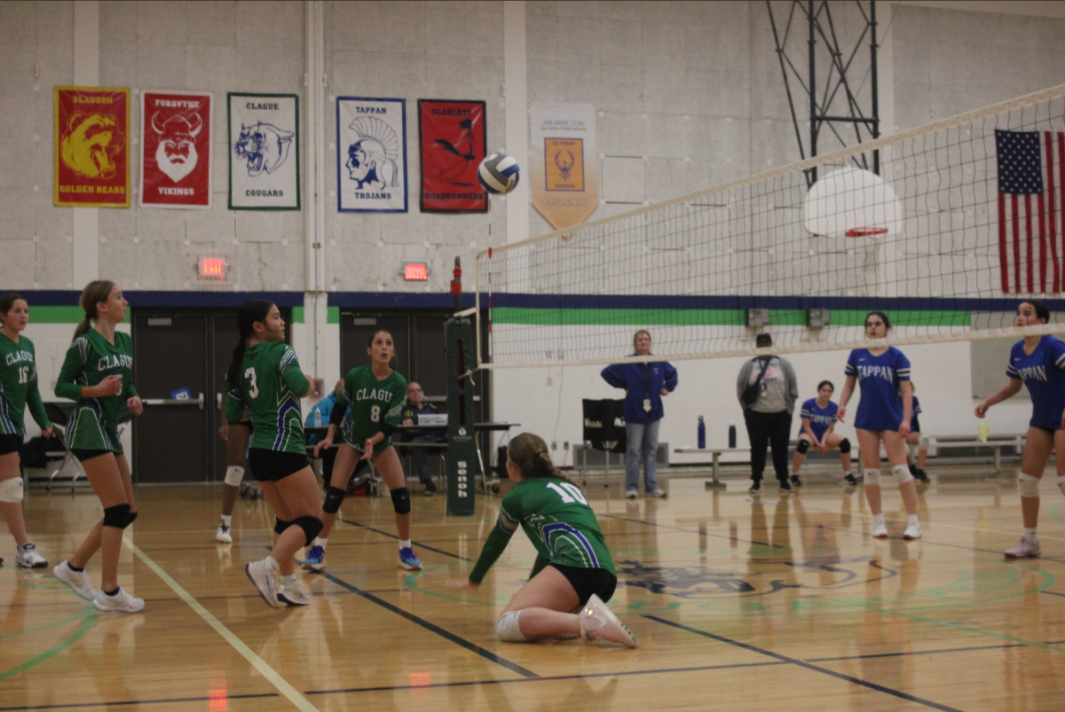 Eighth grader Elena Skerlos dives for the ball and tries to keep the play going.
