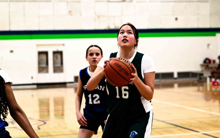 Eighth Grader Ella Mueggenborg squaring up for a jumpshot during the game against Tappan.
Photo courtesy of Matthew Bezas