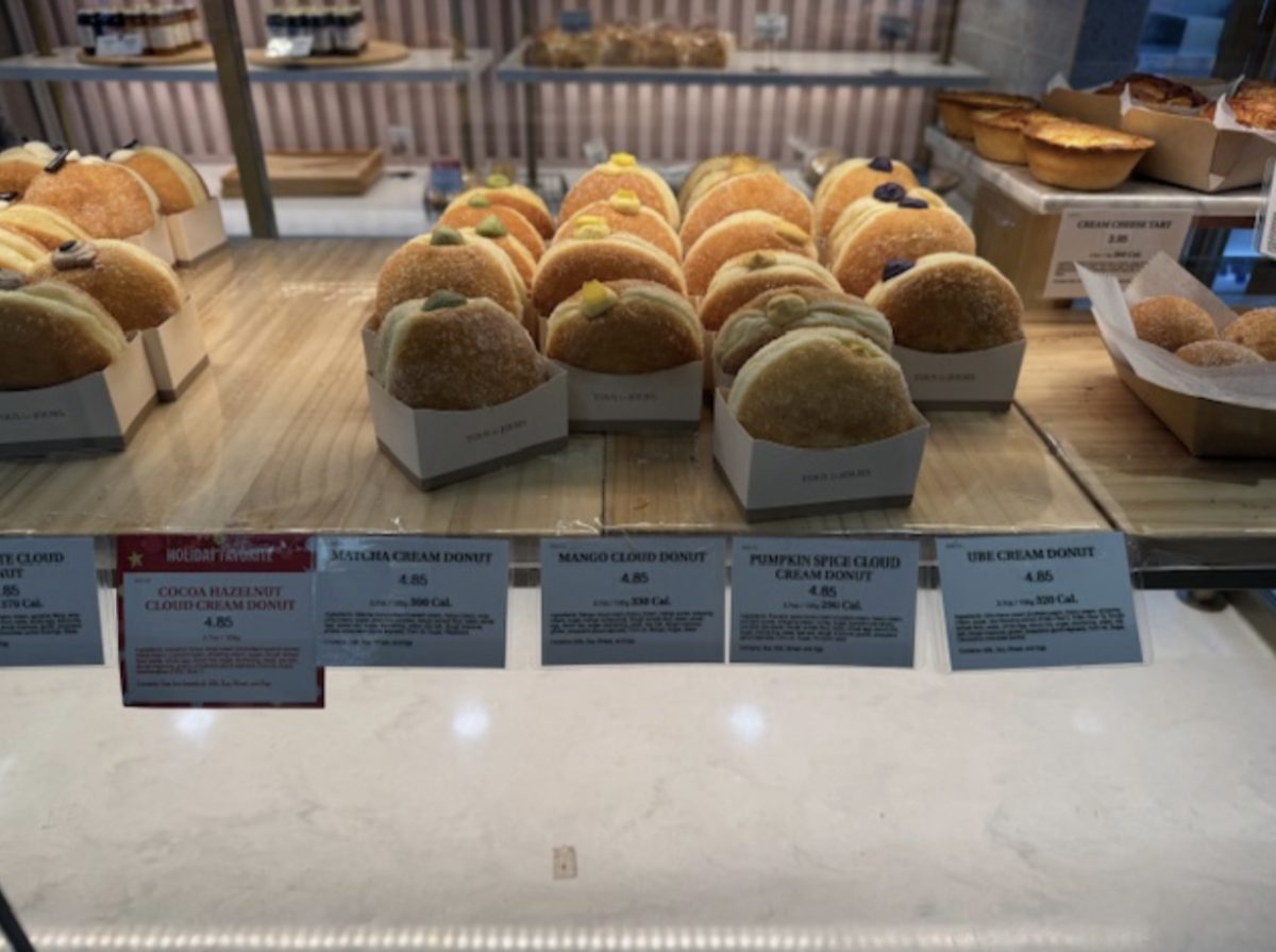 A variety of cream donuts, including the matcha cream donut.
