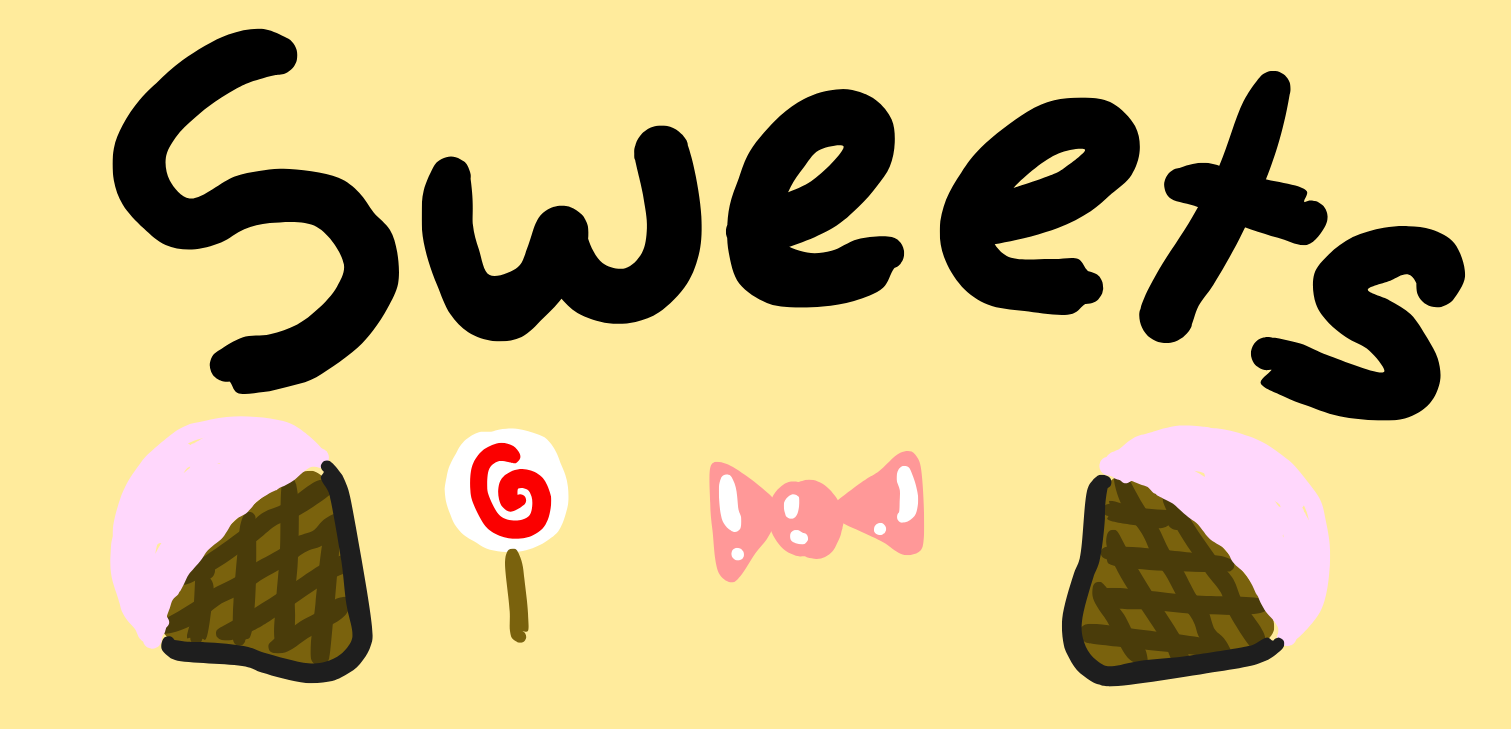 A drawing that shows two ice creams and one lollipop and one candy.