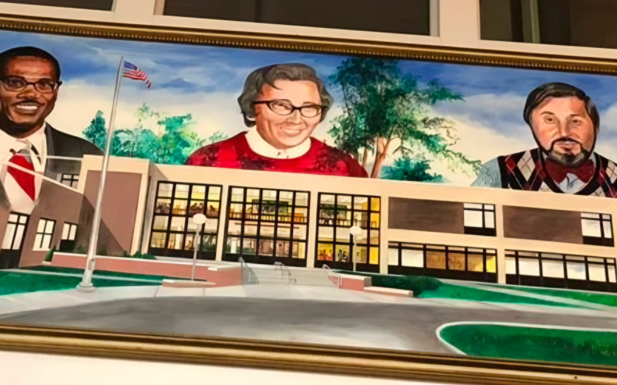 Image of the mural painted by Ray Pipkin showcasing Clague’s three first principals in the Clague Library. Photo Courtesy of Karma Nordstrom.