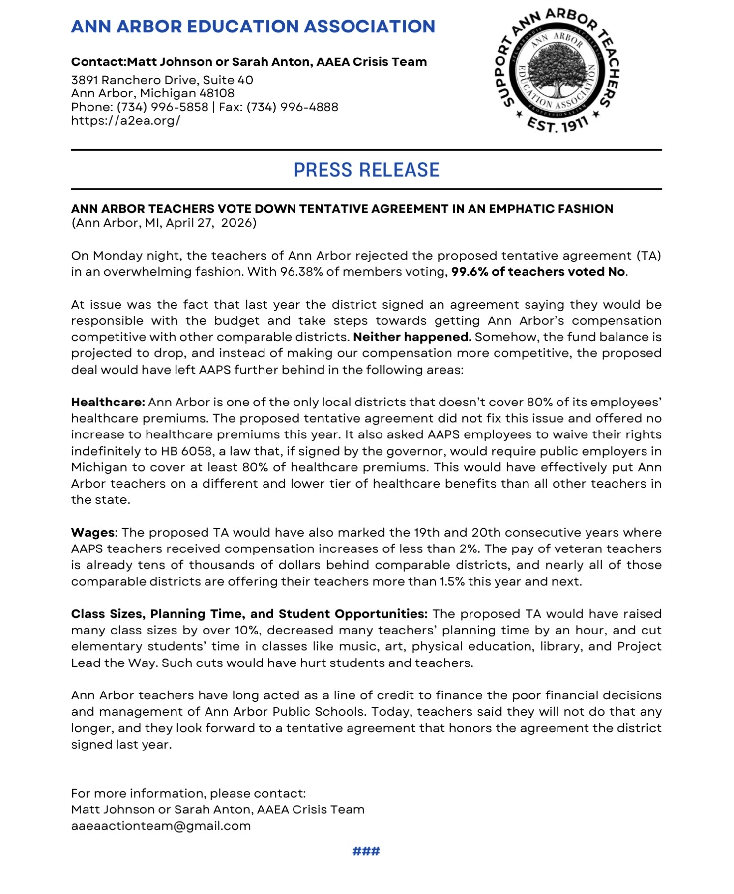 On April 27, 2026, AAPS teachers overwhelmingly voted no on the proposed tentative. This press release details why.