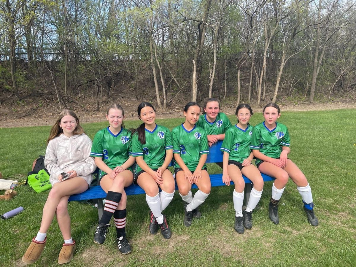 Eighth graders Sophie Meincke, Emma Meincke, Sharon Lee, and seventh graders Melody Mei, Annabelle Goebel, Carmen Ramirez, and Reese Olds are starters on the bench during the game against Tappan.
“I’m a sub on Clague’s soccer team, and I play after the starters after they finish playing their quarter,” seventh grader Zoe Guy said.